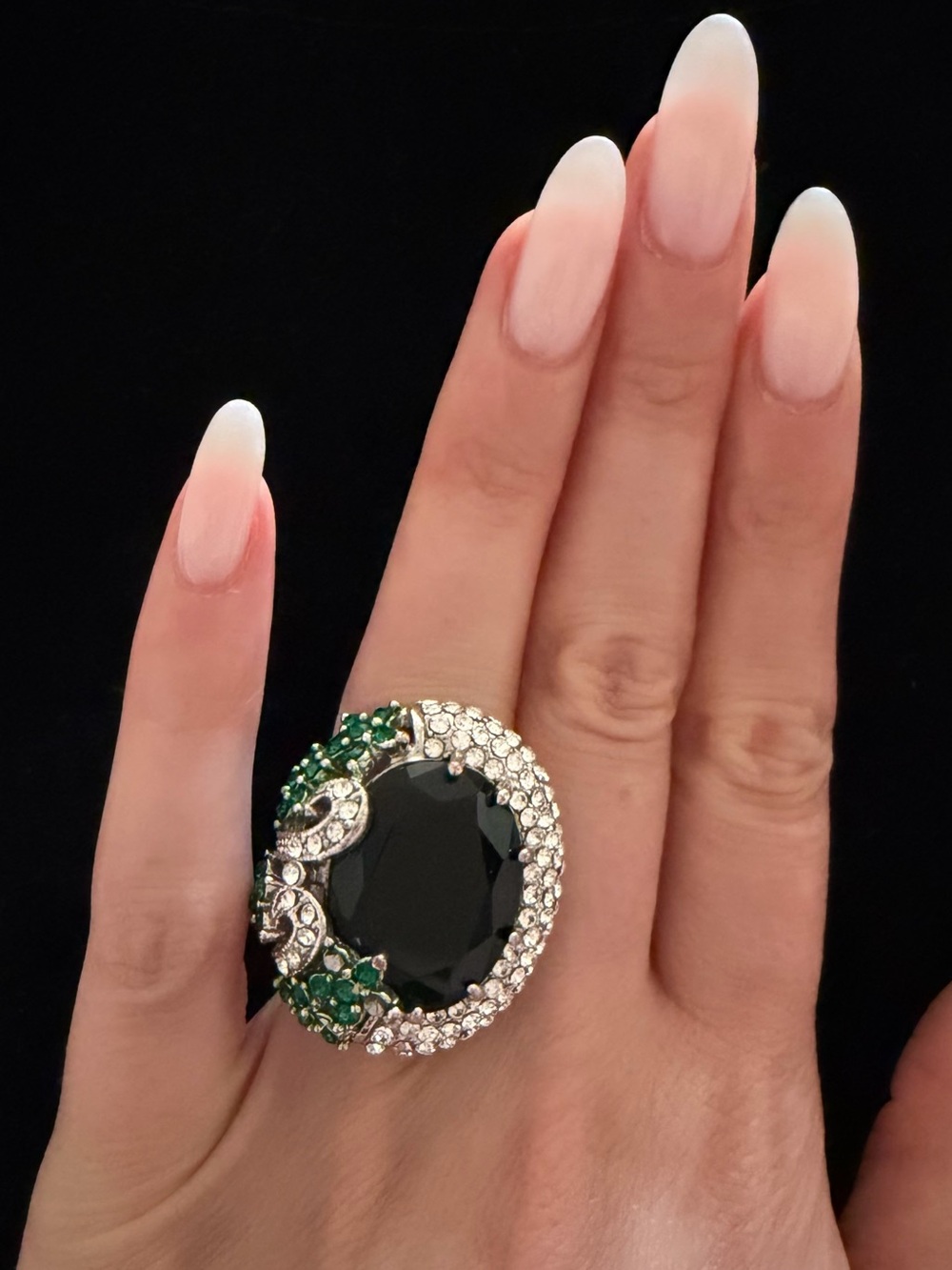 Fashion Jewelry Deep Green Cocktail Ring with Clear Accents